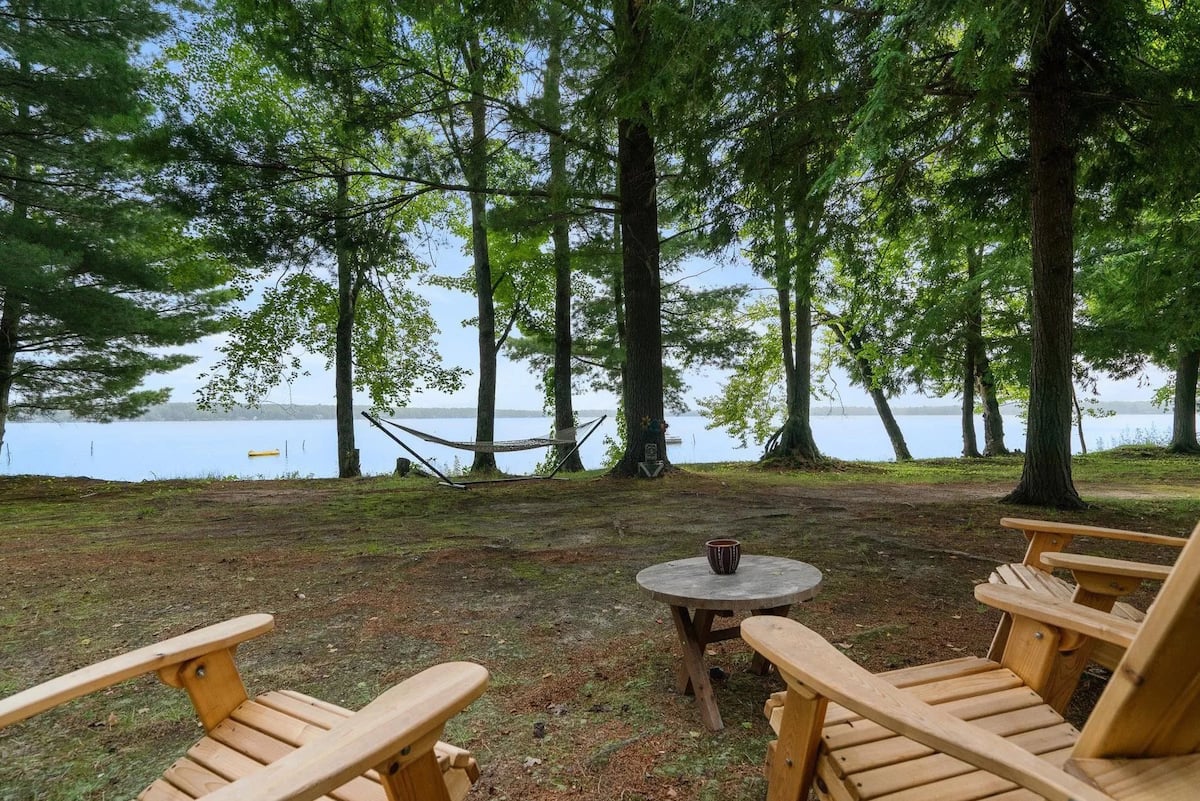 Outdoor chairs beside Manistee Lake